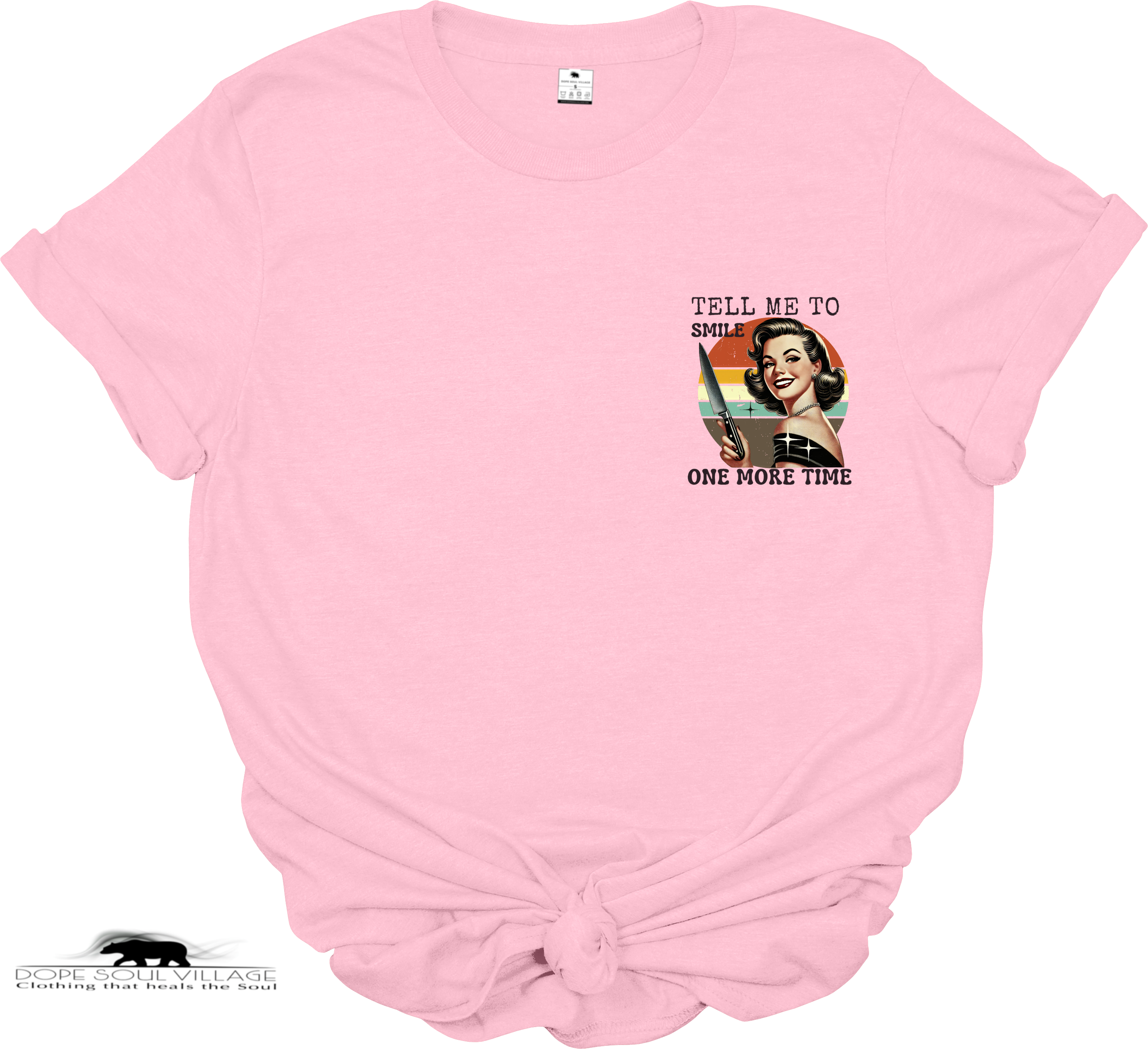 Pink t-shirt with vintage-style graphic and text on a white background