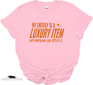 Pink t-shirt with orange text on a white background