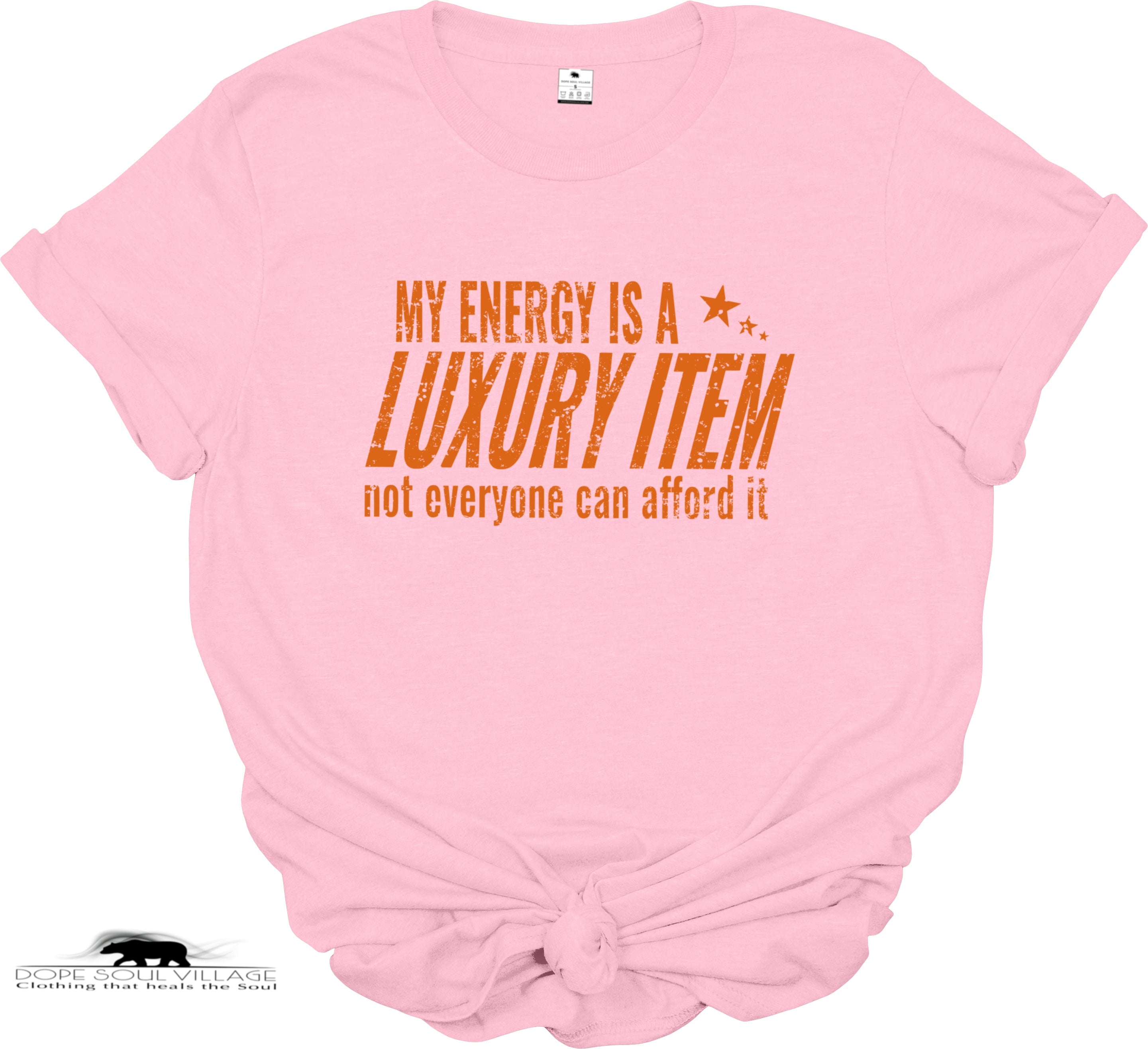 Pink t-shirt with orange text on a white background