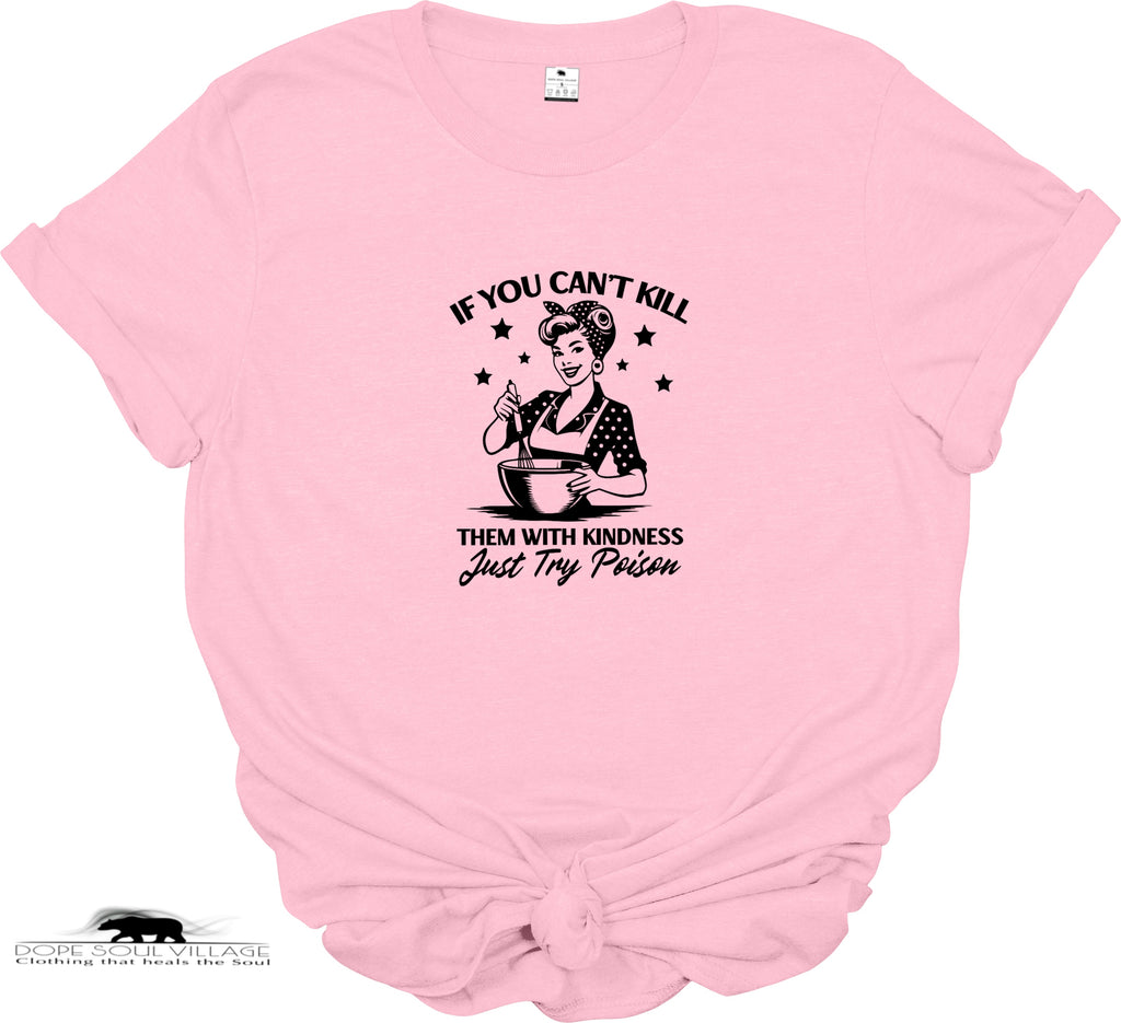 Pink t-shirt with black graphic and text on a white background