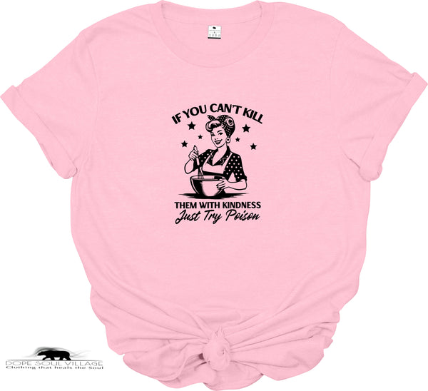 Pink t-shirt with black graphic and text on a white background