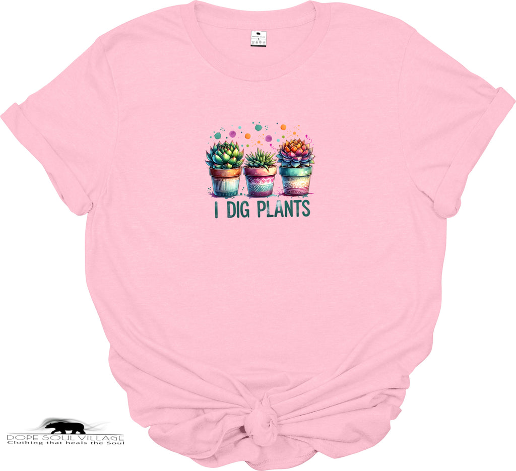 Pink t-shirt with cactus design and 'I Dig Plants' text on a white background