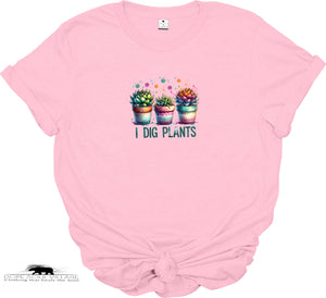 Pink t-shirt with cactus design and 'I Dig Plants' text on a white background