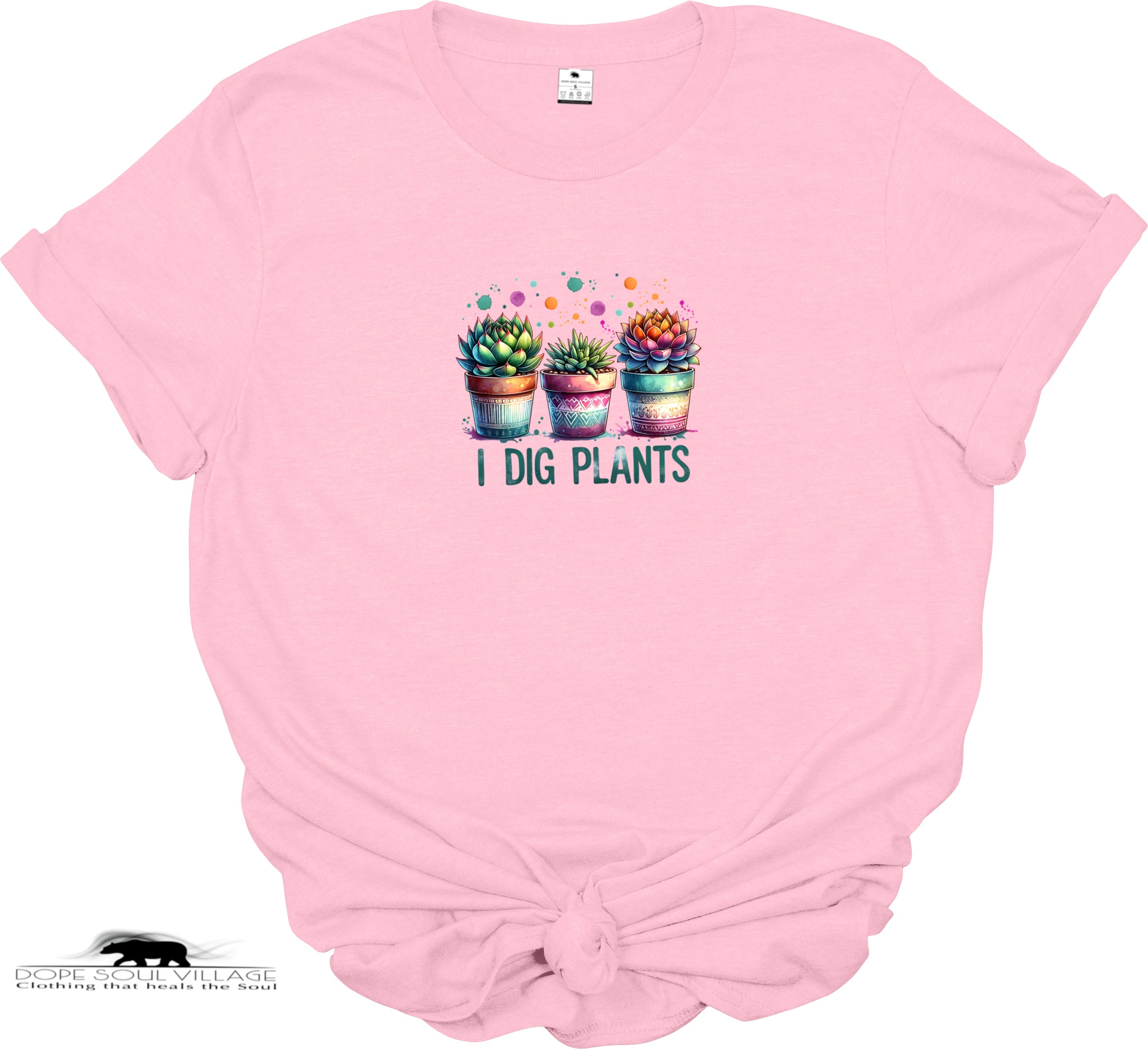Pink t-shirt with cactus design and 'I Dig Plants' text on a white background