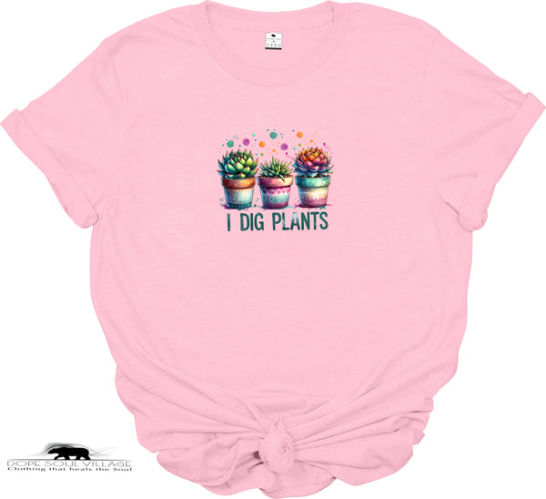 Pink t-shirt with cactus design and 'I Dig Plants' text on a white background