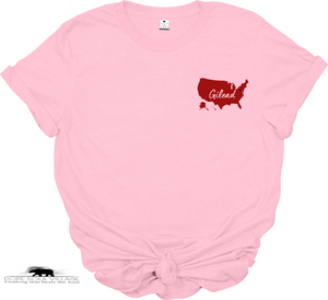 Pink t-shirt with a red 'Gilead map design on a white background