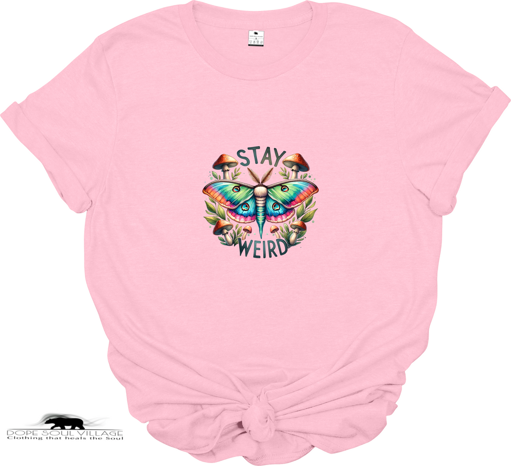 Pink t-shirt with a colorful butterfly graphic and 'Stay Weird' text on a white background.