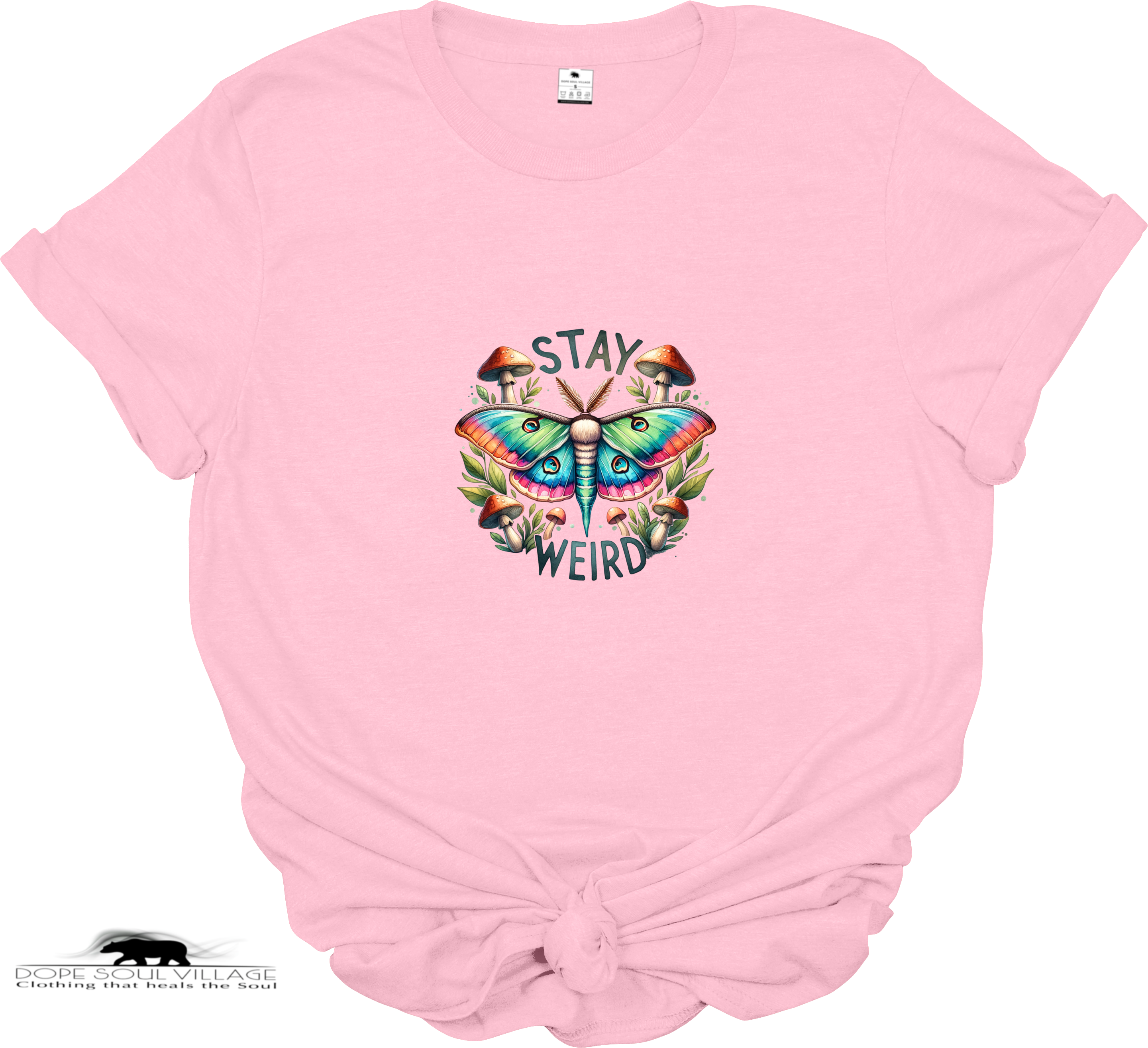 Pink t-shirt with a colorful butterfly graphic and 'Stay Weird' text on a white background.
