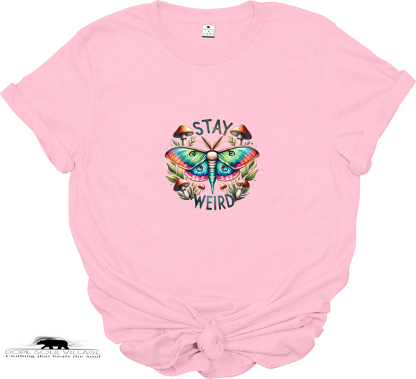 Pink t-shirt with a colorful butterfly graphic and 'Stay Weird' text on a white background.
