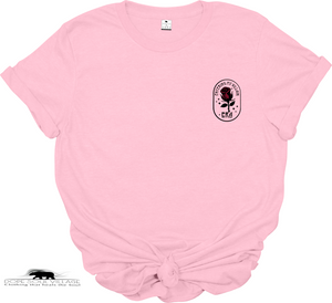 Pink t-shirt with a logo on the chest against a white background