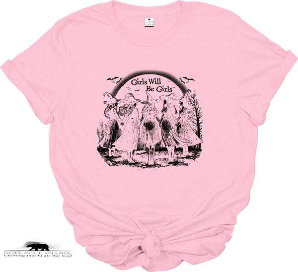 Pink t-shirt with black graphic design and text on a white background