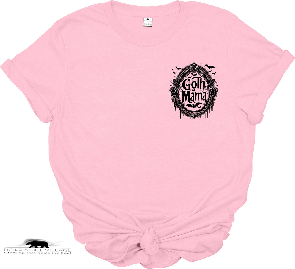 Pink t-shirt with 'Goth Mama' design on a white background