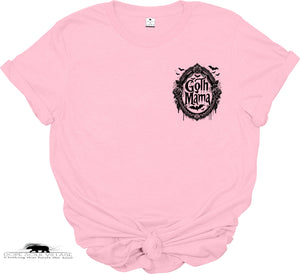 Pink t-shirt with 'Goth Mama' design on a white background