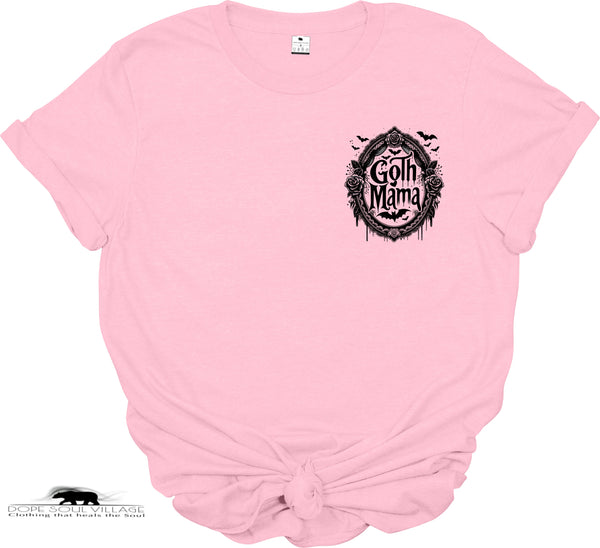 Pink t-shirt with 'Goth Mama' design on a white background