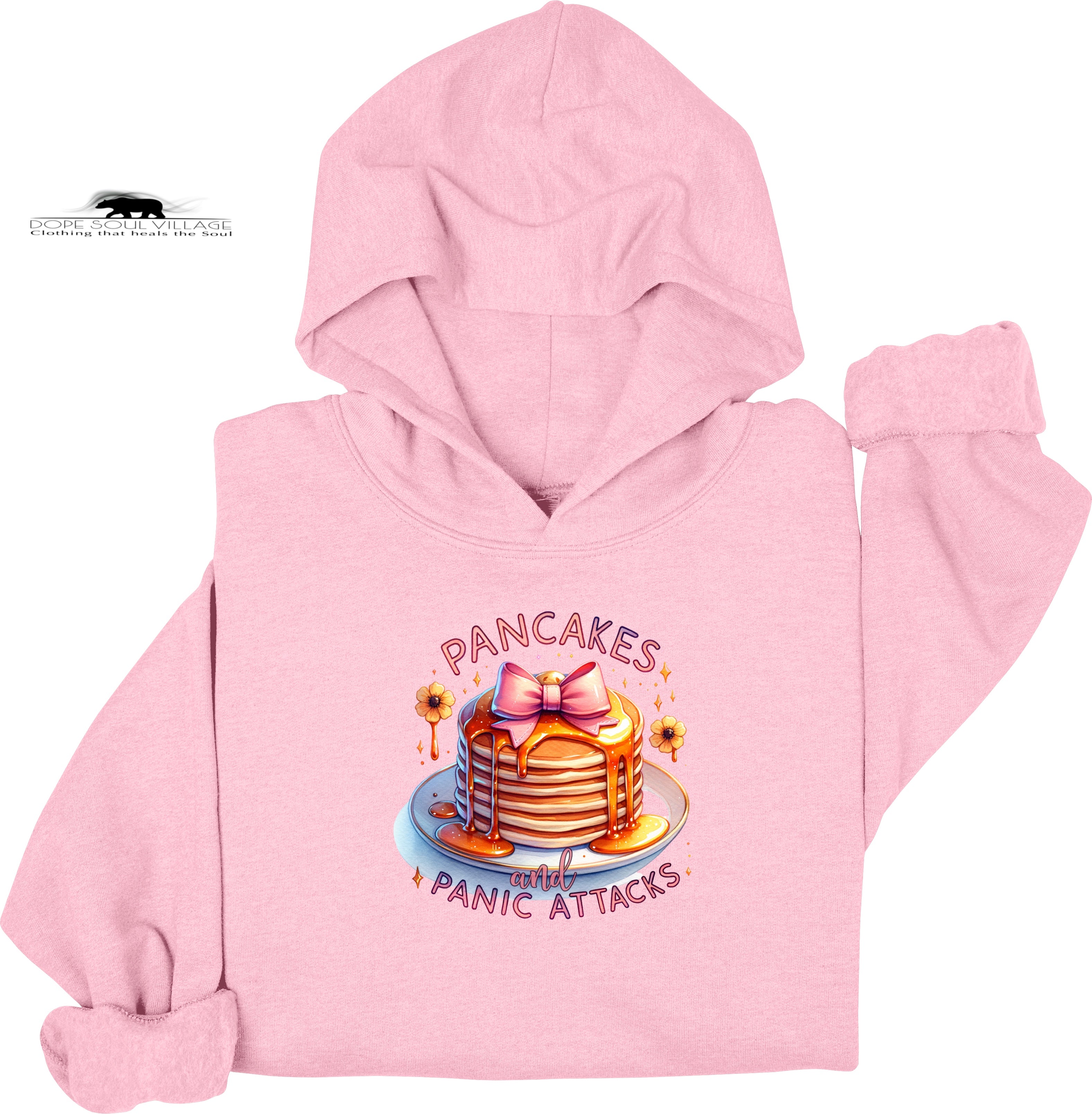 Pink hoodie with a graphic of pancakes and text on a white background