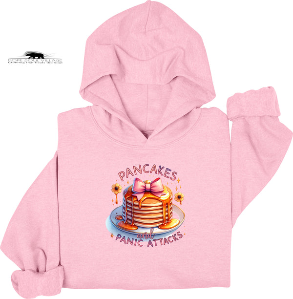 Pink hoodie with a graphic of pancakes and text on a white background