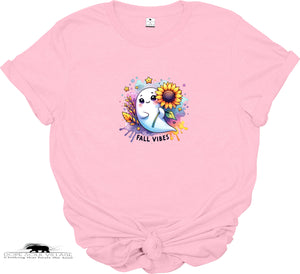 Pink t-shirt with a cute ghost design and 'Fall Vibes' text on a white background