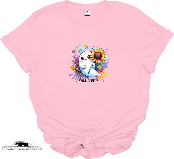 Pink t-shirt with a cute ghost design and 'Fall Vibes' text on a white background