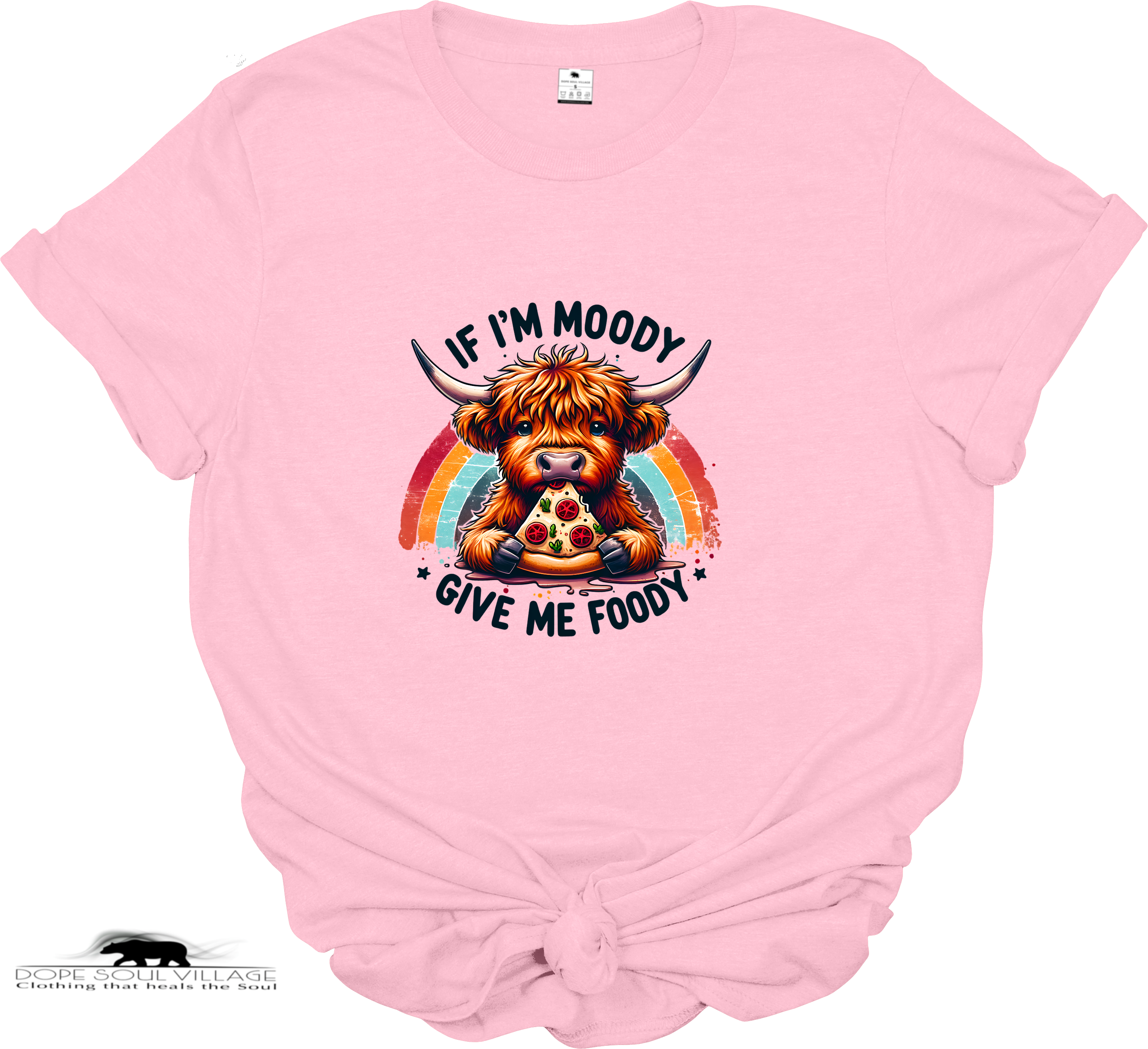 “If I’m Moody, Give Me Foody” t-shirt. Highland cow graphic, sustainable materials. Fun, cheeky tee perfect for animal lovers and ethical fashion fans. pink