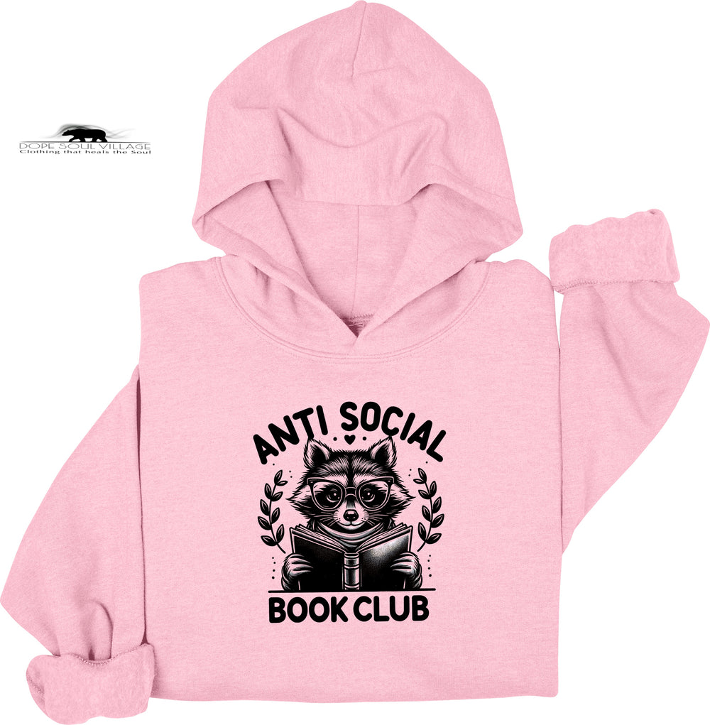 Pink hoodie with raccoon graphic and 'Anti Social Book Club' text on a white background