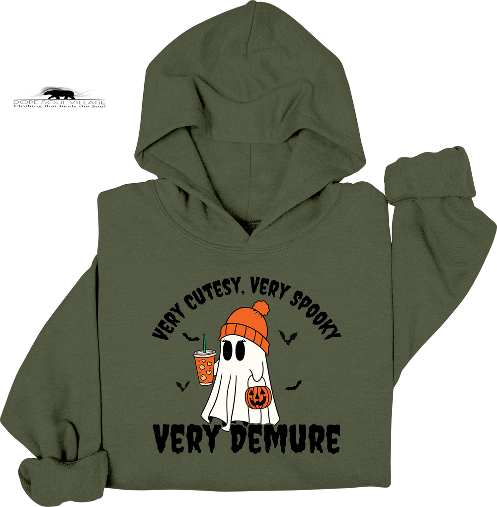 Green hoodie with Halloween-themed design on a white background dope soul village