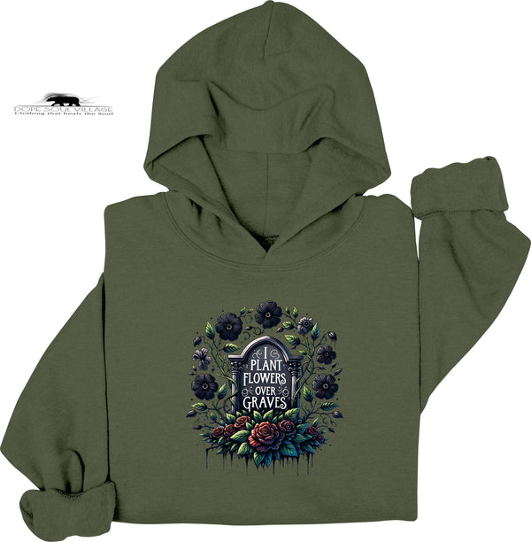 Green hoodie with floral design and text on a white background