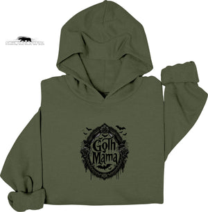 Green hoodie with 'Goth Mama' graphic on a white background