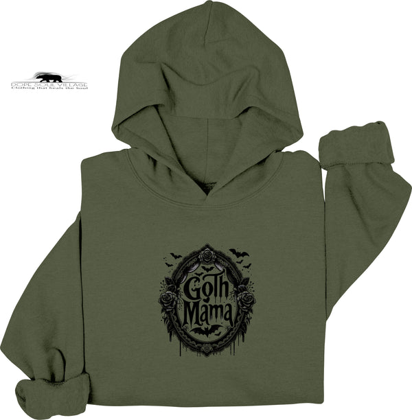 Green hoodie with 'Goth Mama' graphic on a white background
