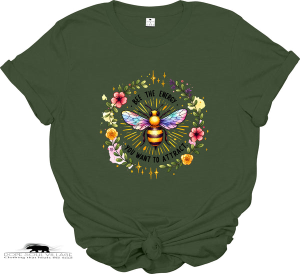 Green t-shirt with a colorful bee and floral design on a white background