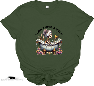 Green t-shirt with a graphic design of a skeleton in a bathtub and text 'I Don't Give a Duck' on a white background.