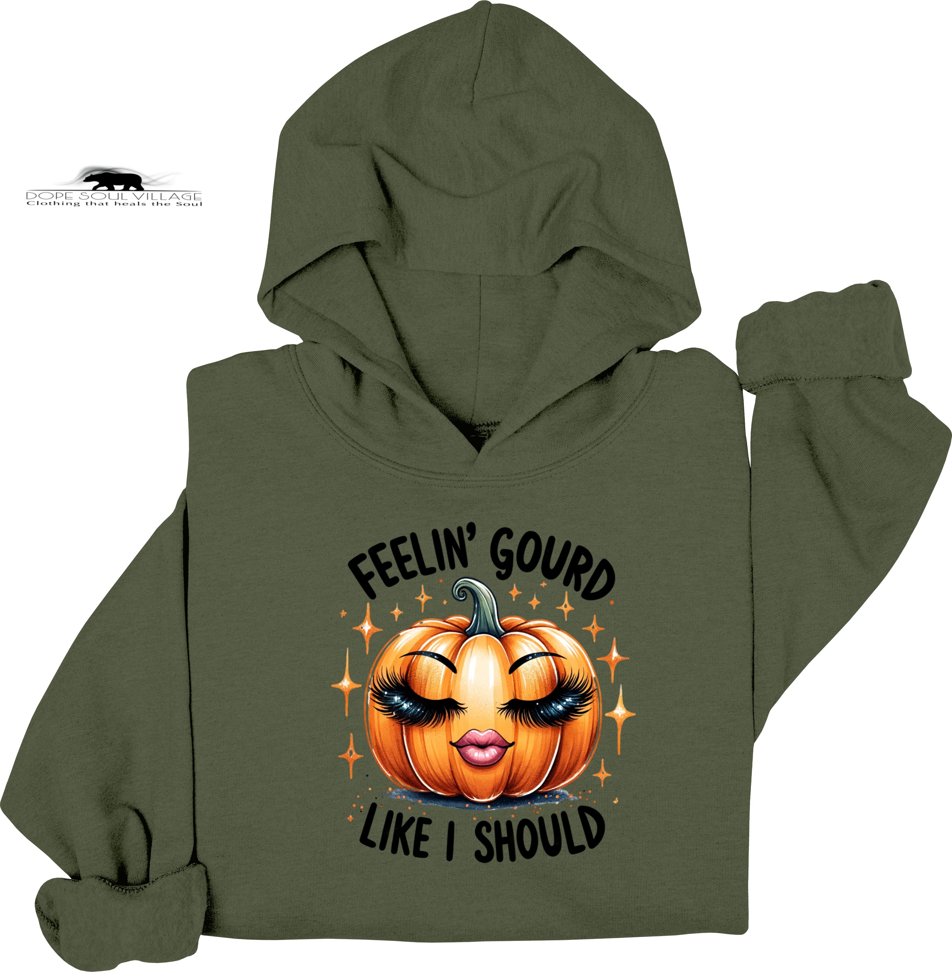 Green hoodie with a pumpkin graphic and text on a white background