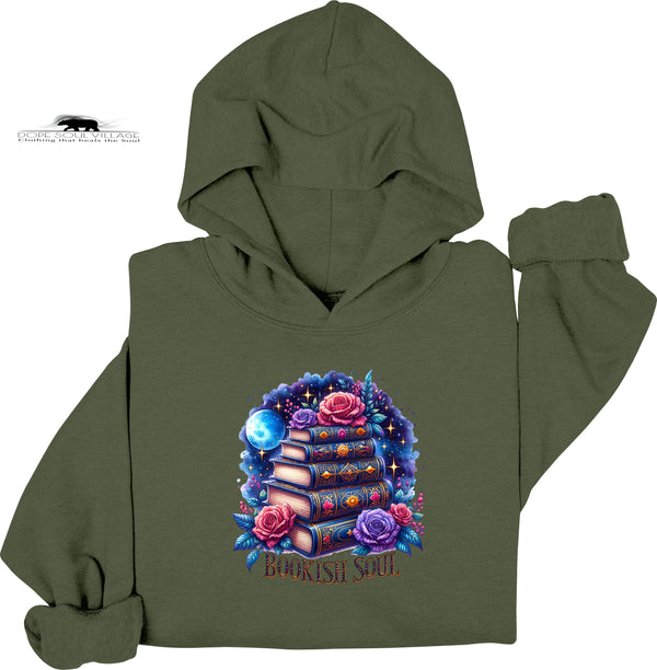 Green hoodie with a colorful graphic design on a white background