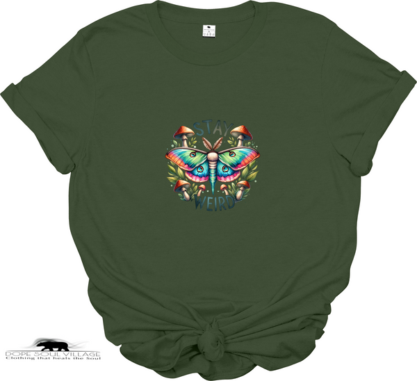Green t-shirt with a colorful butterfly graphic and text on a white background