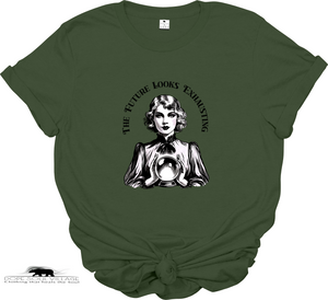 Green t-shirt with a graphic of a woman holding a crystal ball and text 'The Future Looks Exhilarating' on a white background.