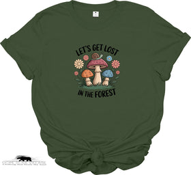 Green t-shirt with mushroom design and text 'Let's get lost in the forest' on a white background