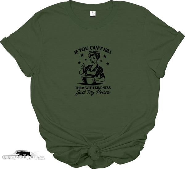 Green t-shirt with black graphic and text on a white background