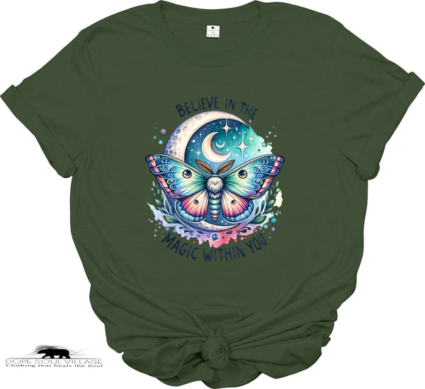 Green t-shirt with a colorful butterfly and moon design on a white background