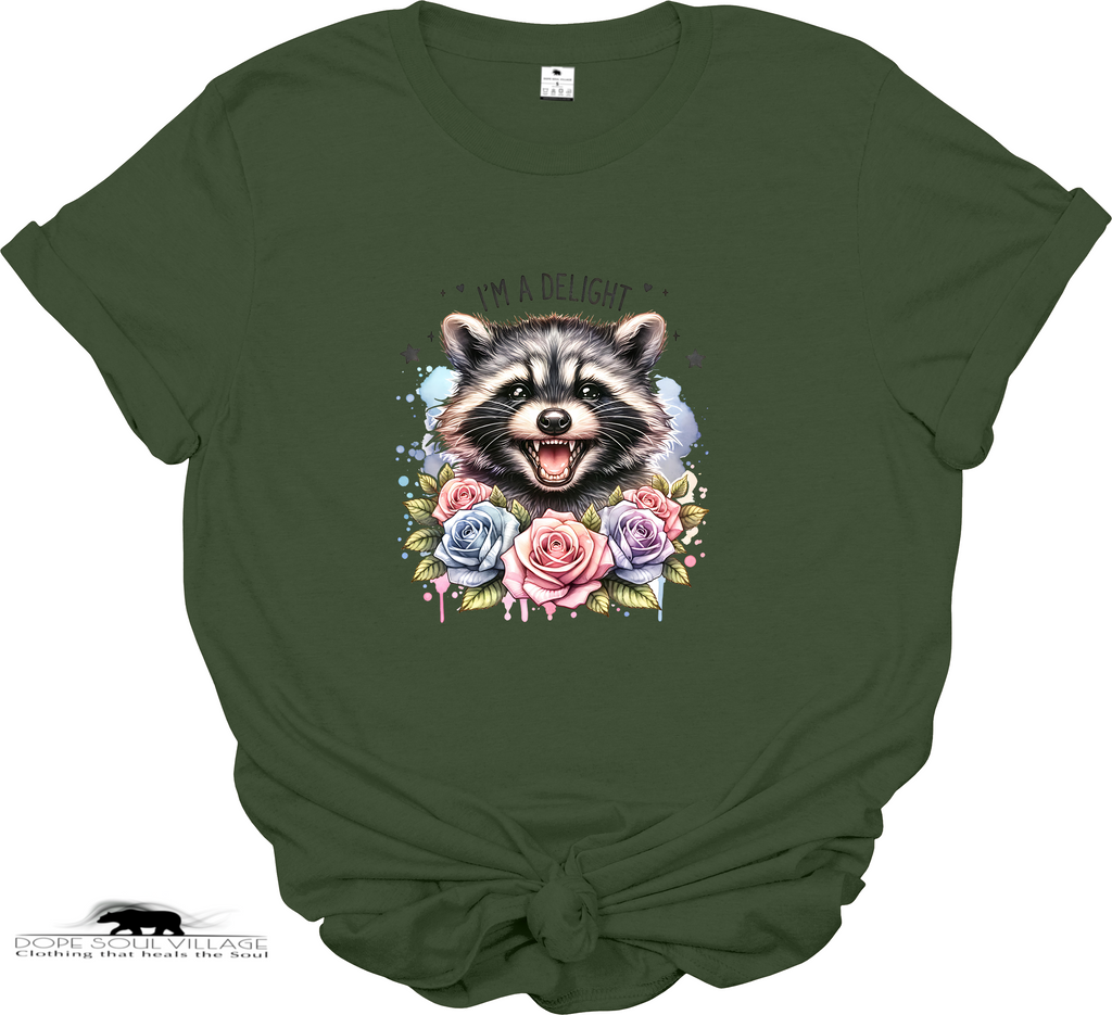 Green t-shirt with a raccoon and floral design on a white background