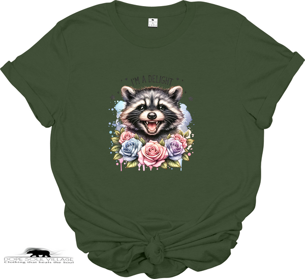 Green t-shirt with a raccoon and floral design on a white background