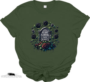 Green t-shirt with floral and gravestone design on a white background