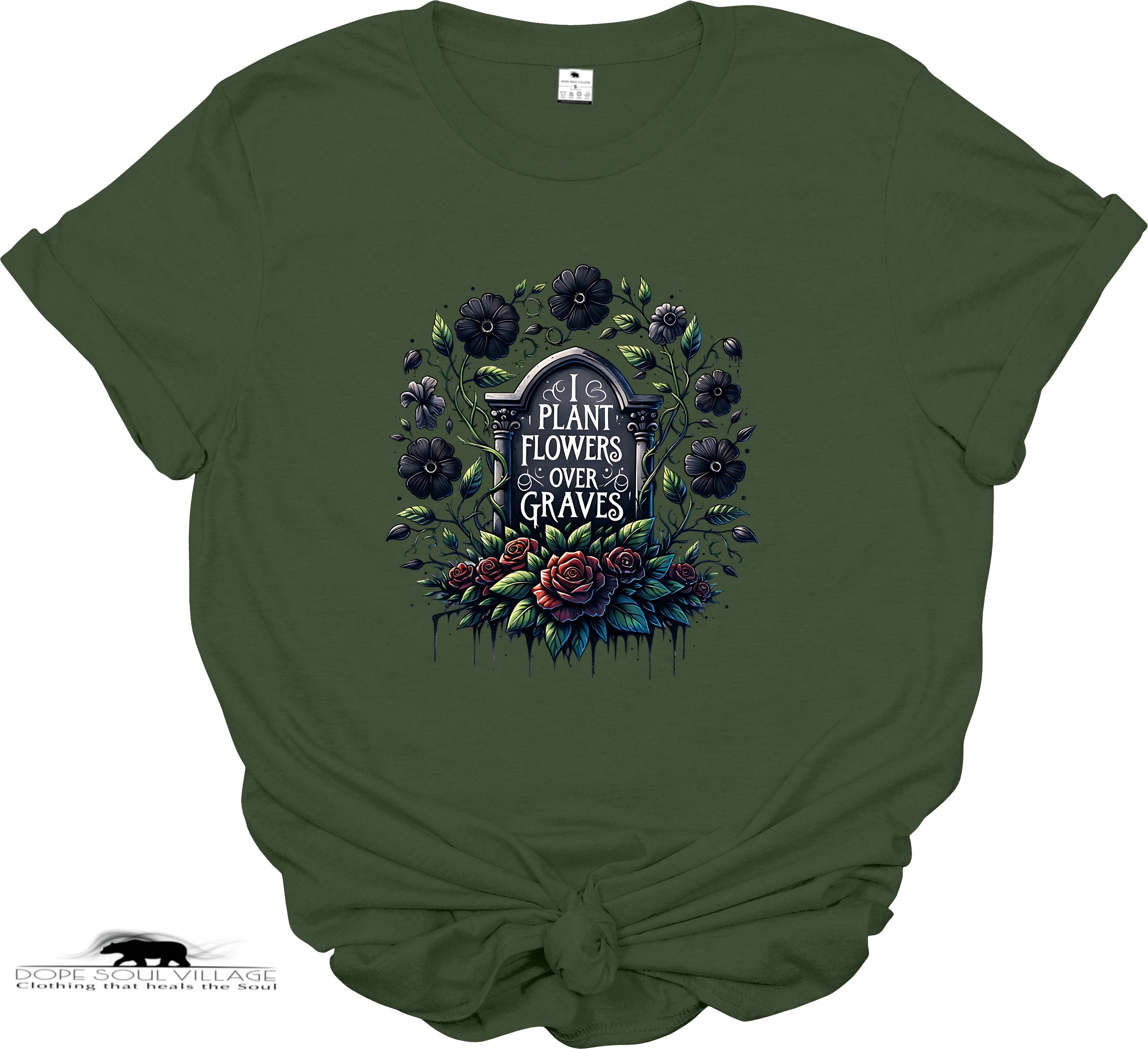 Green t-shirt with floral and gravestone design on a white background