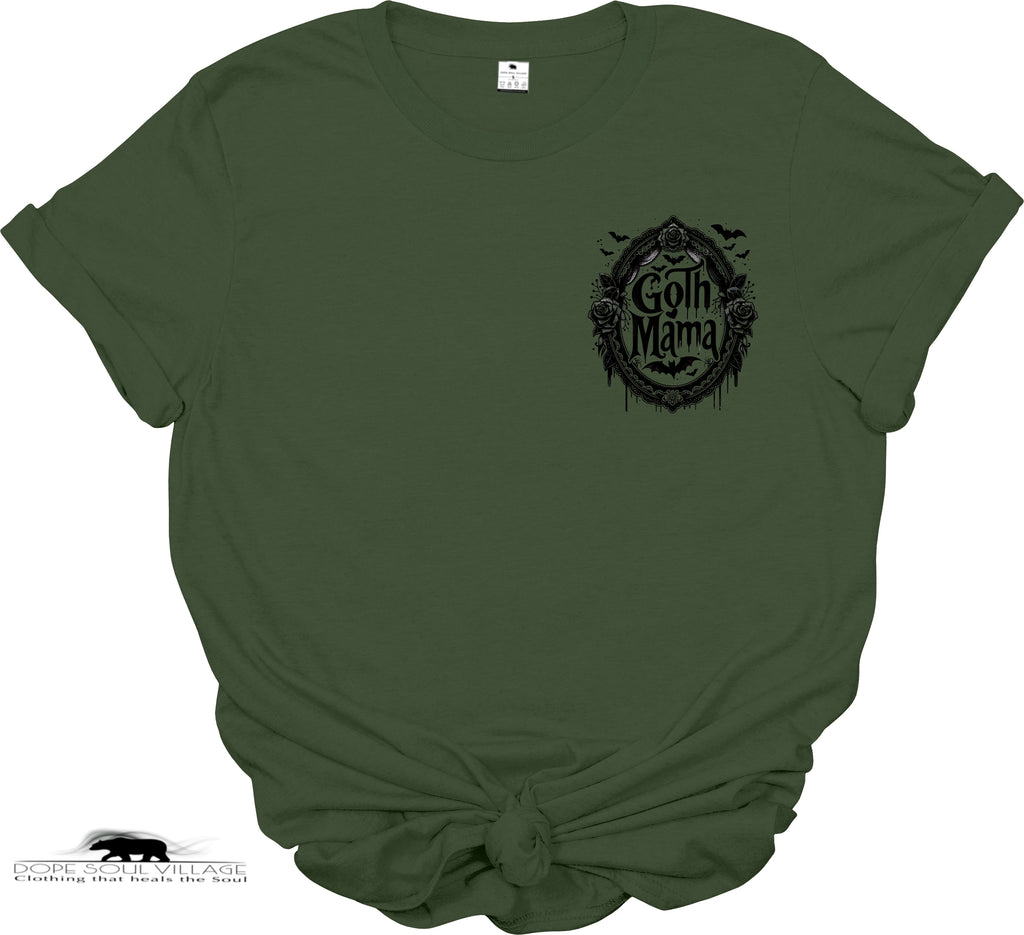 Green t-shirt with 'Goth Mama' graphic on a white background