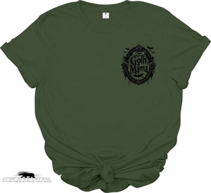 Green t-shirt with 'Goth Mama' graphic on a white background