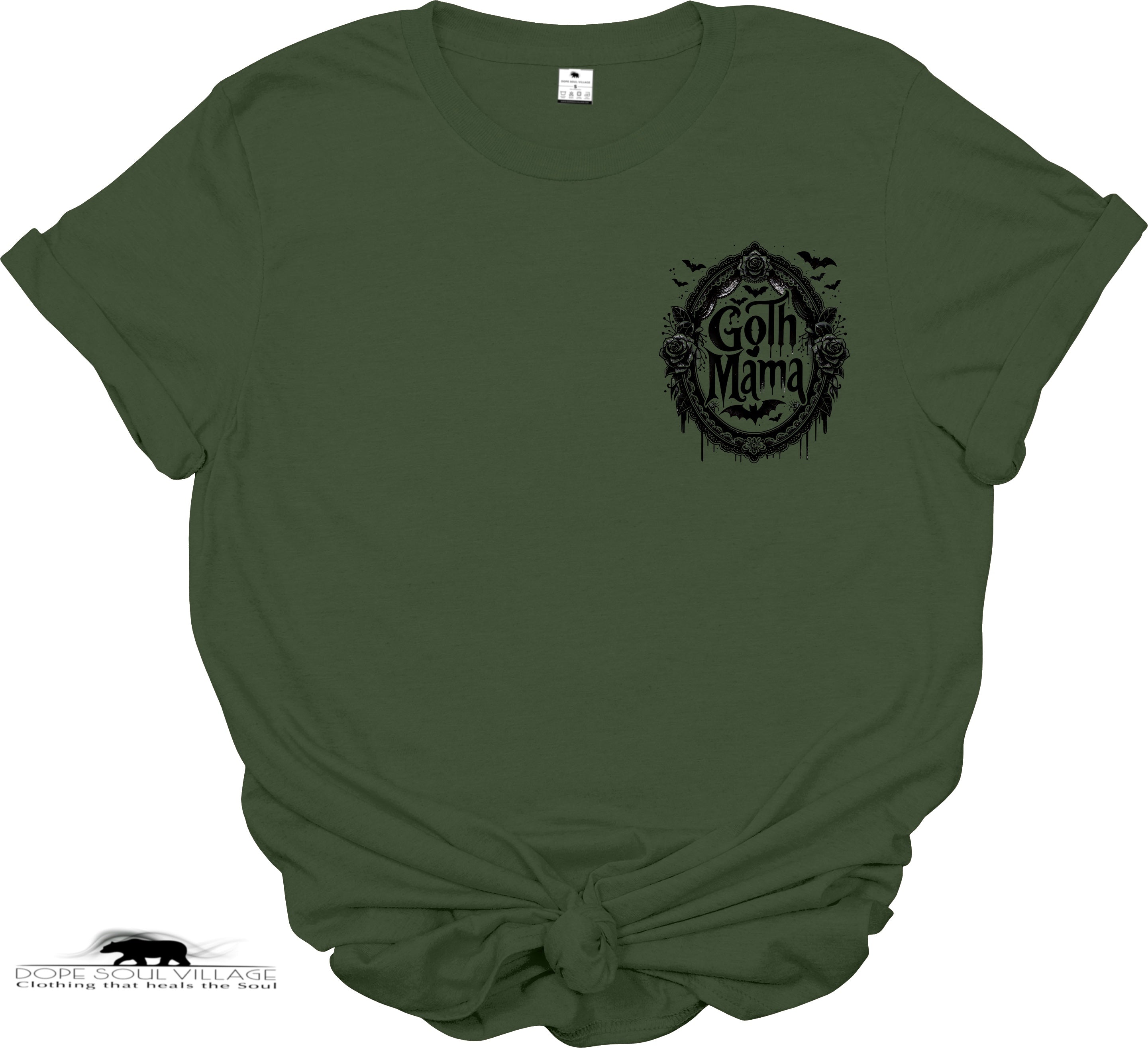 Green t-shirt with 'Goth Mama' graphic on a white background