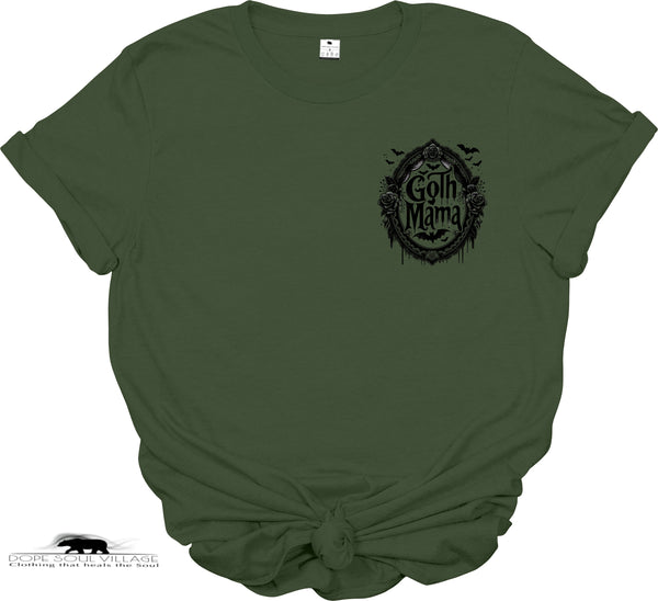 Green t-shirt with 'Goth Mama' graphic on a white background