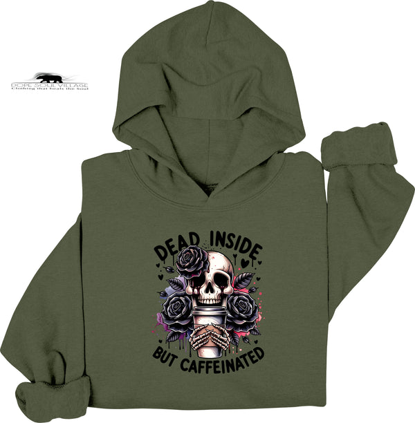 Green hoodie with skull and roses design on a white background