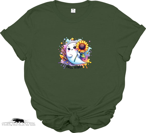 Green t-shirt with a cute ghost design and 'Fall Vibes' text on a white background