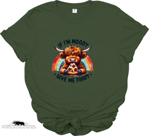 “If I’m Moody, Give Me Foody” t-shirt. Highland cow graphic, sustainable materials. Fun, cheeky tee perfect for animal lovers and ethical fashion fans. green