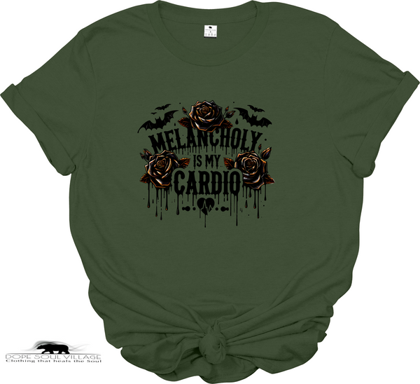 Green t-shirt with roses and text 'Melancholy is my Cardio' on a white background
