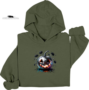 Green hoodie with a disco ball pumpkin design on a white background dope soull village